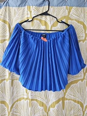 Royal Blue Pleated Off-Shoulder Blouse